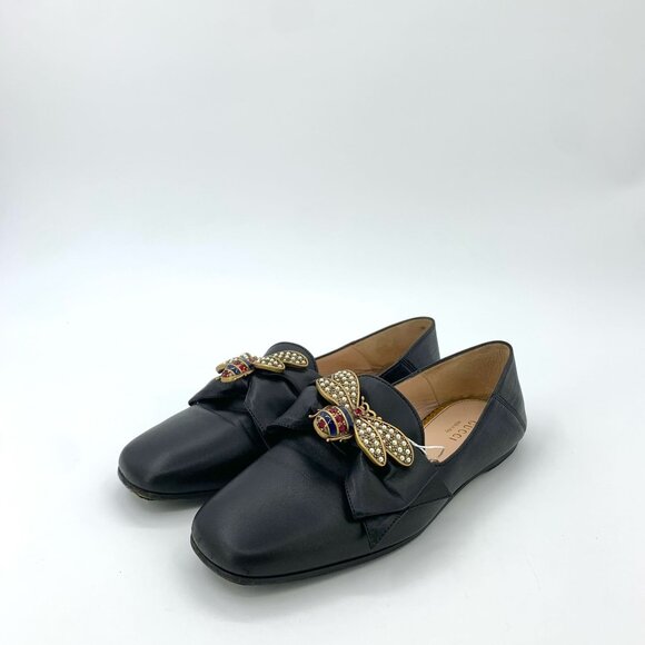 Gucci Black Leather Bee Flats With Rhinestone Detail Size 36 Made In Italy Women - Picture 1 of 8